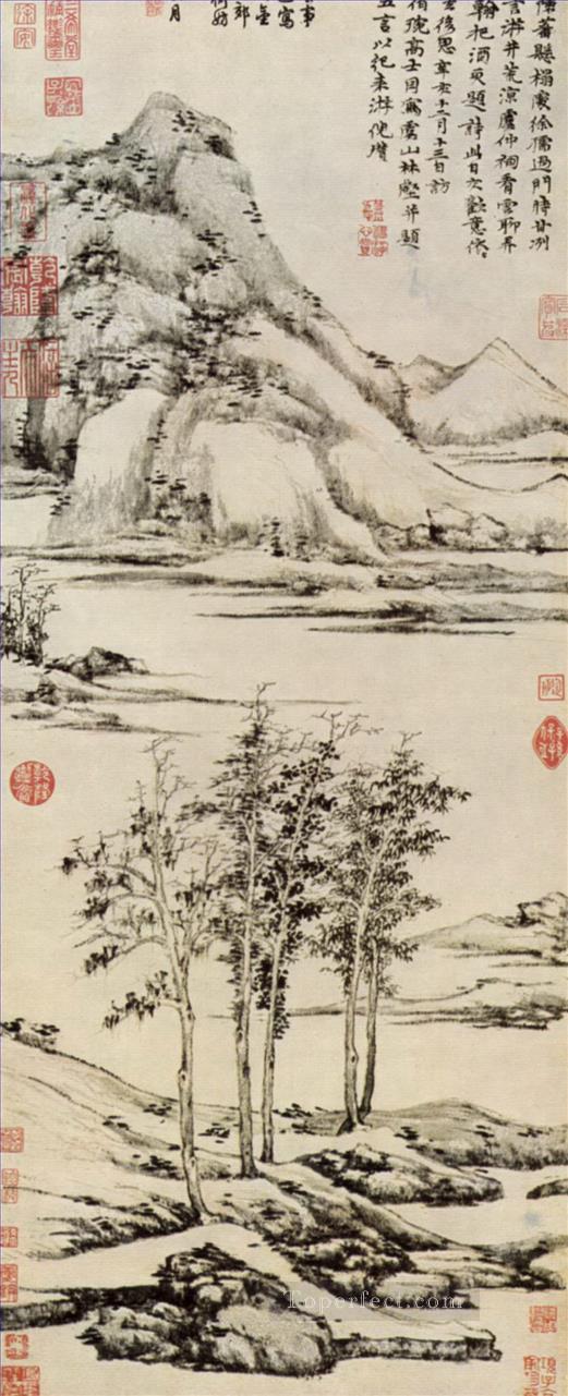 イーシャンの川渓谷の木々 1371 年古い中国の墨油絵